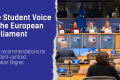 The visual shows on the left side the title “The Student Voice at the European Parliament” and subtitle: “ESN’s recommendations for a student-centred European Degree“. On the right side there is a picture of the speakers on the table. 