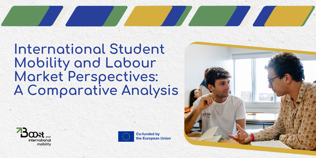 The visual shows the title: “International Student Mobility and Labour Market Perspectives: A Comparative Analysis” on the left and on the right a picture of two people discussing something. 